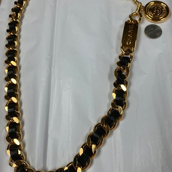 Vintage Chain Belt CHANEL Gold Plated Black Leather CC Logos Coin main image 4